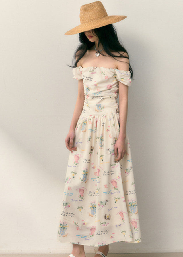 Letter Floral One-Shoulder Pleated Waist Dress