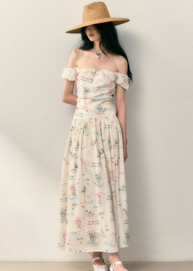 Letter Floral One-Shoulder Pleated Waist Dress