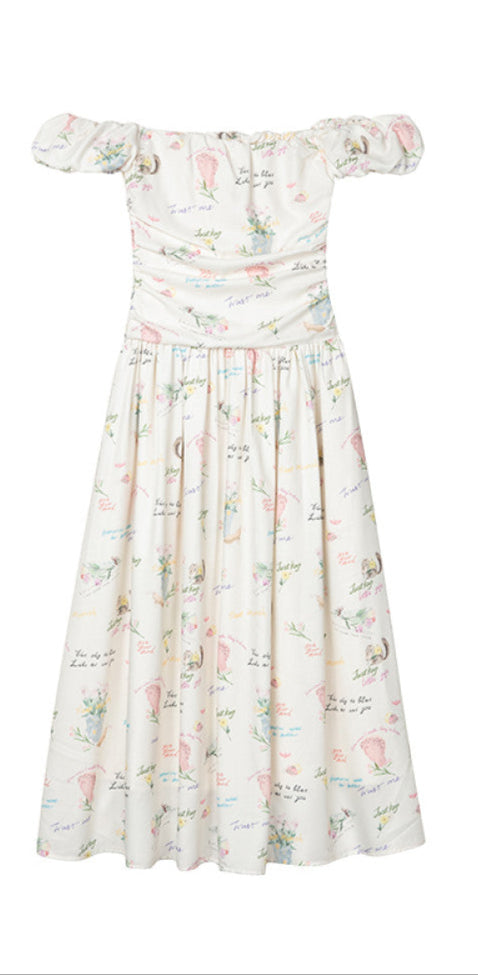 Letter Floral One-Shoulder Pleated Waist Dress