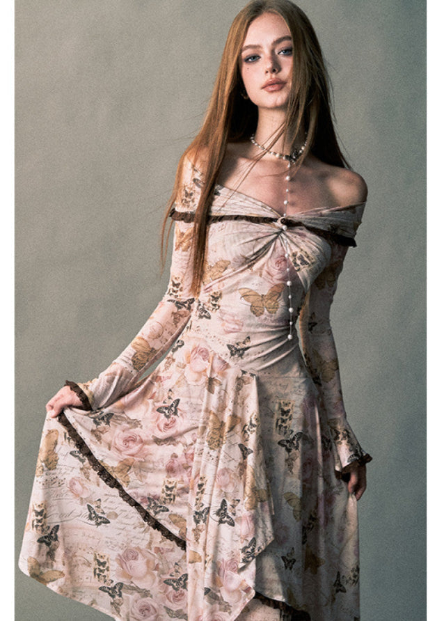 Rose Butterfly One-Shoulder Swing Long Dress