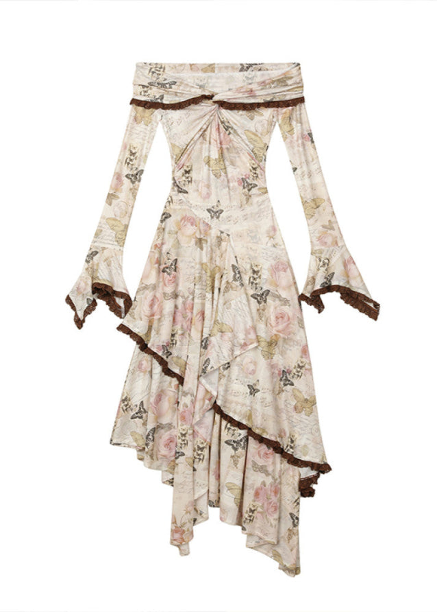Rose Butterfly One-Shoulder Swing Long Dress