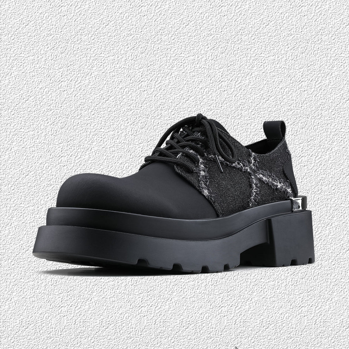 Denim Patchwork Iron Plate Thick-soled Derby Shoes