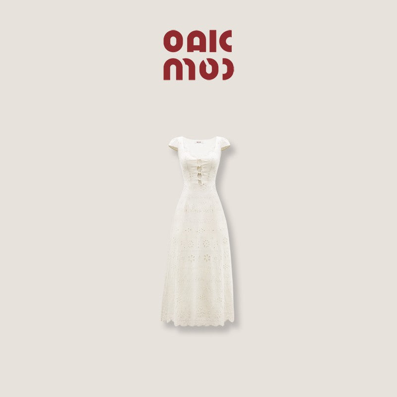 Cream white simple slim lace stitching dress