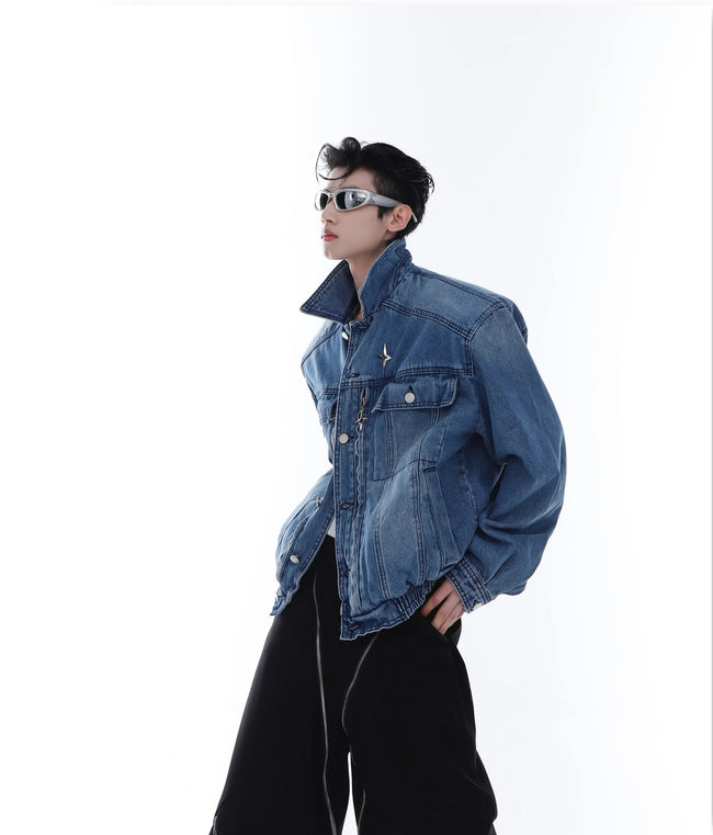 【23s Feb.】High Shoulder Cropped Denim Jacket Hover Image