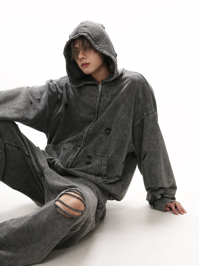 【25s Mar.】Destroyed Washed Distressed Hooded Cardigan Baggy Pants Suit Hover Image