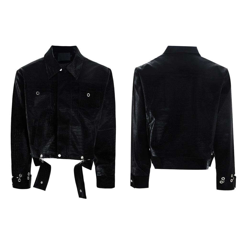 【25s Aug.】Metal-Panel Cropped Croc Leather Jacket