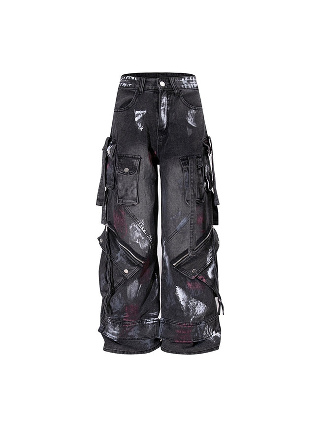 【25s Aug.】Graffiti Multi-Pocket Loose Draped Wide-Leg Jeans Hover Image