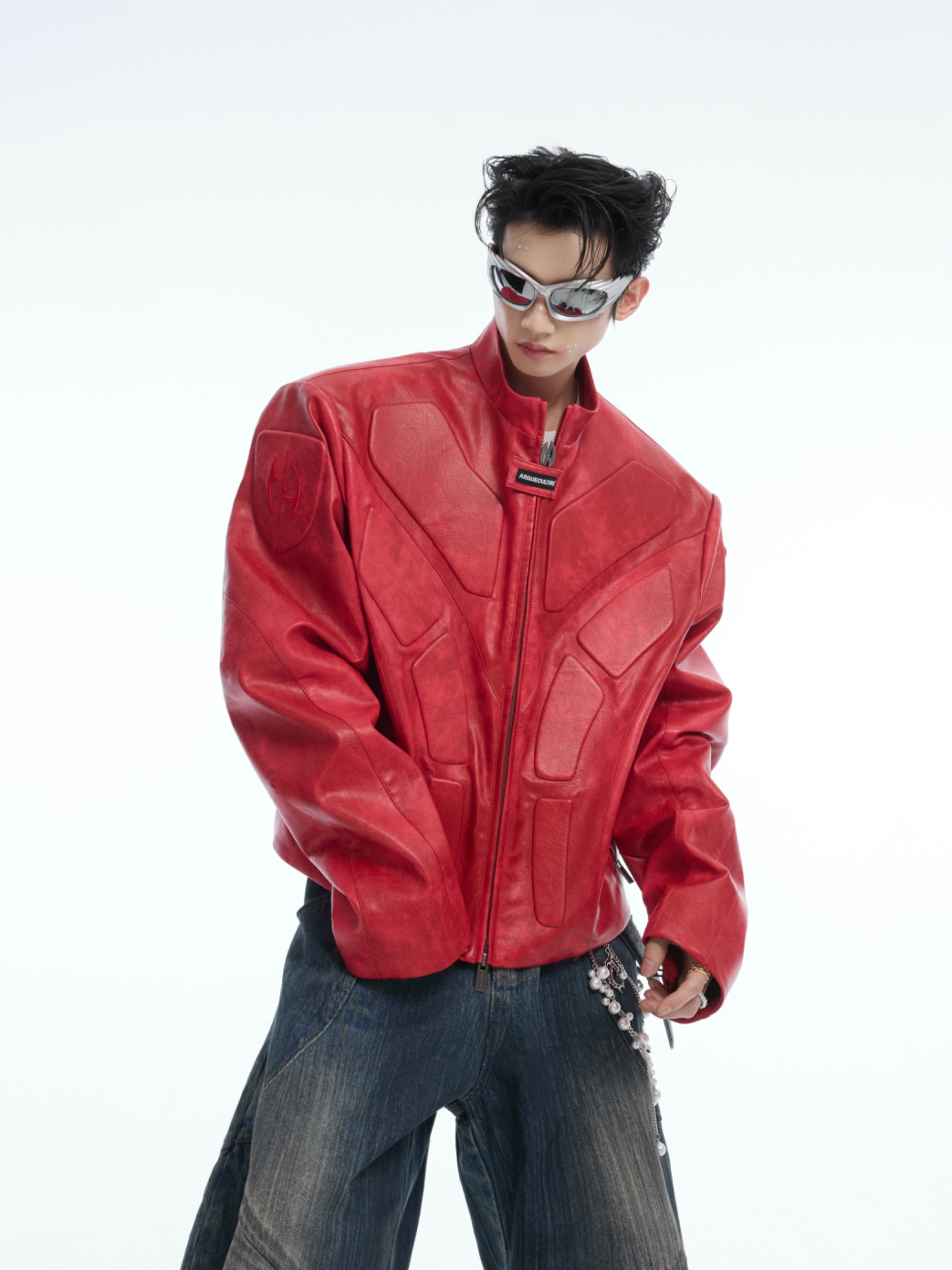 【25s Aug.】3D Relief Motorcycle Armor Leather Jacket