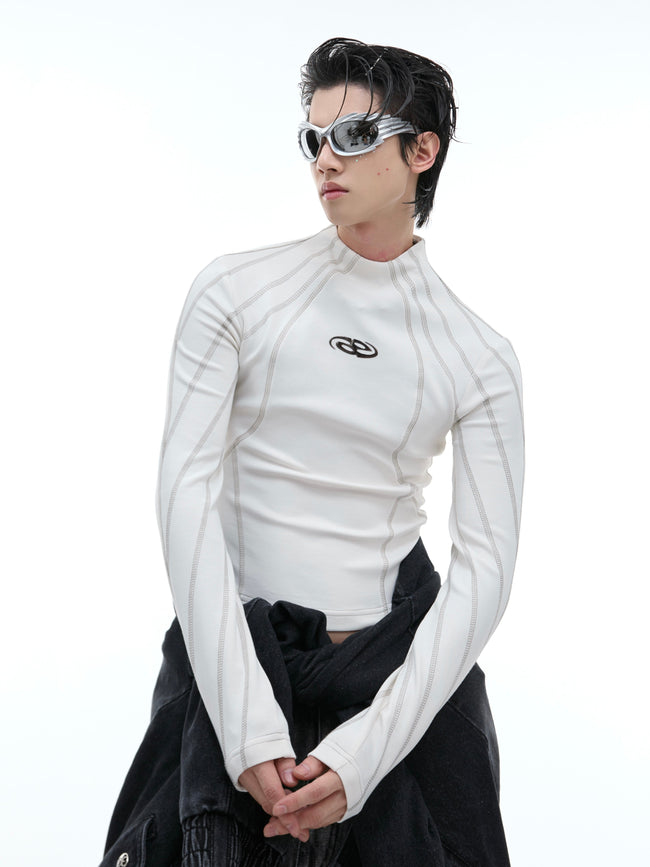 【24s Oct.】Topstitched Metallic Trim Slim-fit Turtleneck Top Hover Image