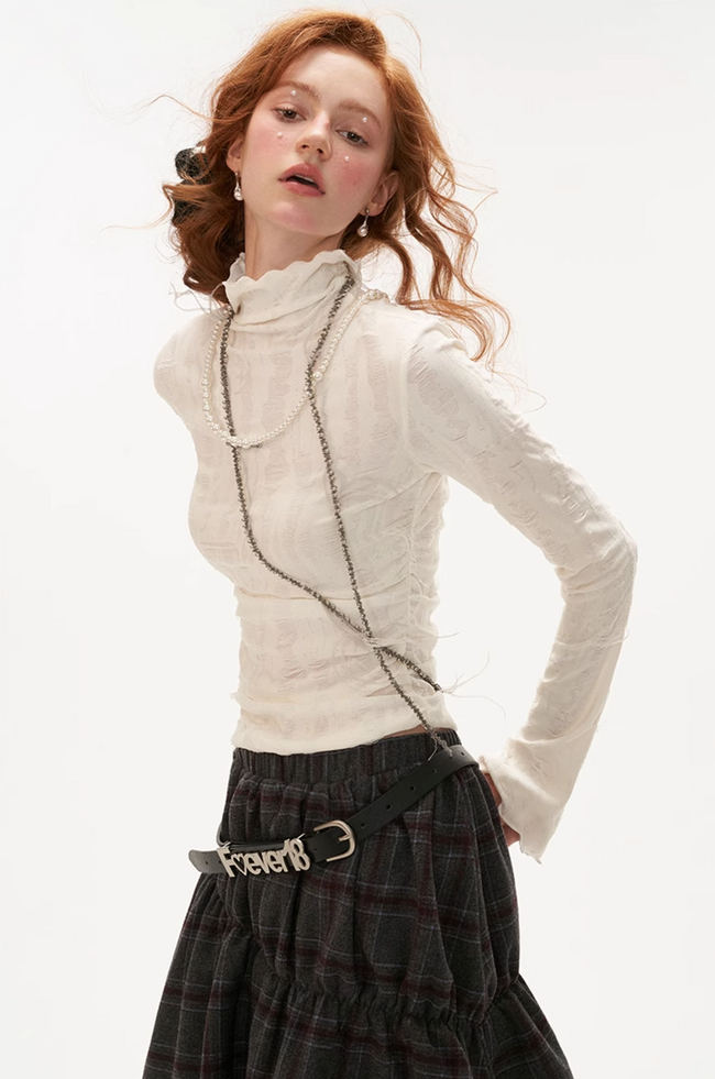 Destruction high collar long-sleeved T-shirt Hover Image