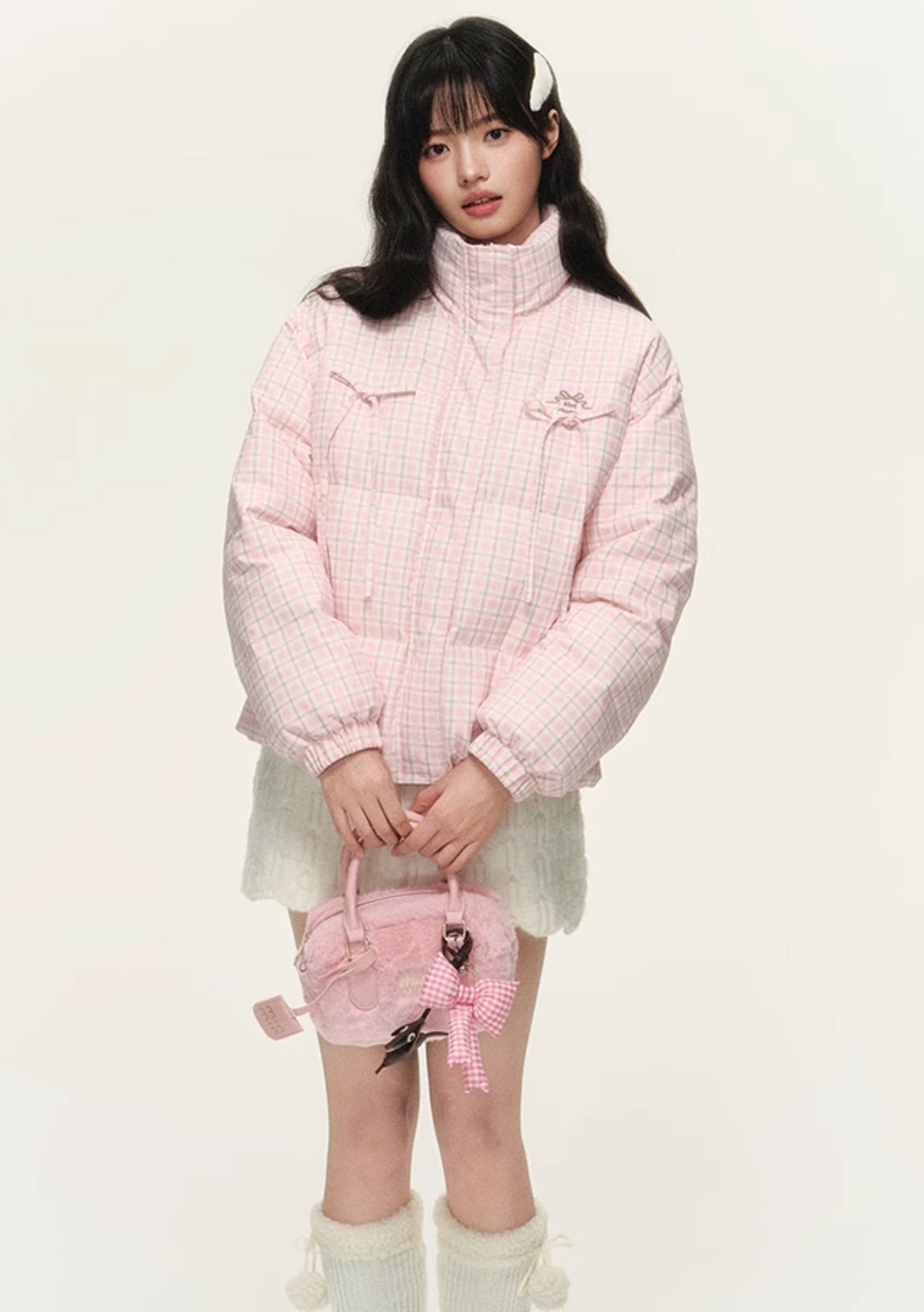 Original plaid print bow loose short bread cotton coat