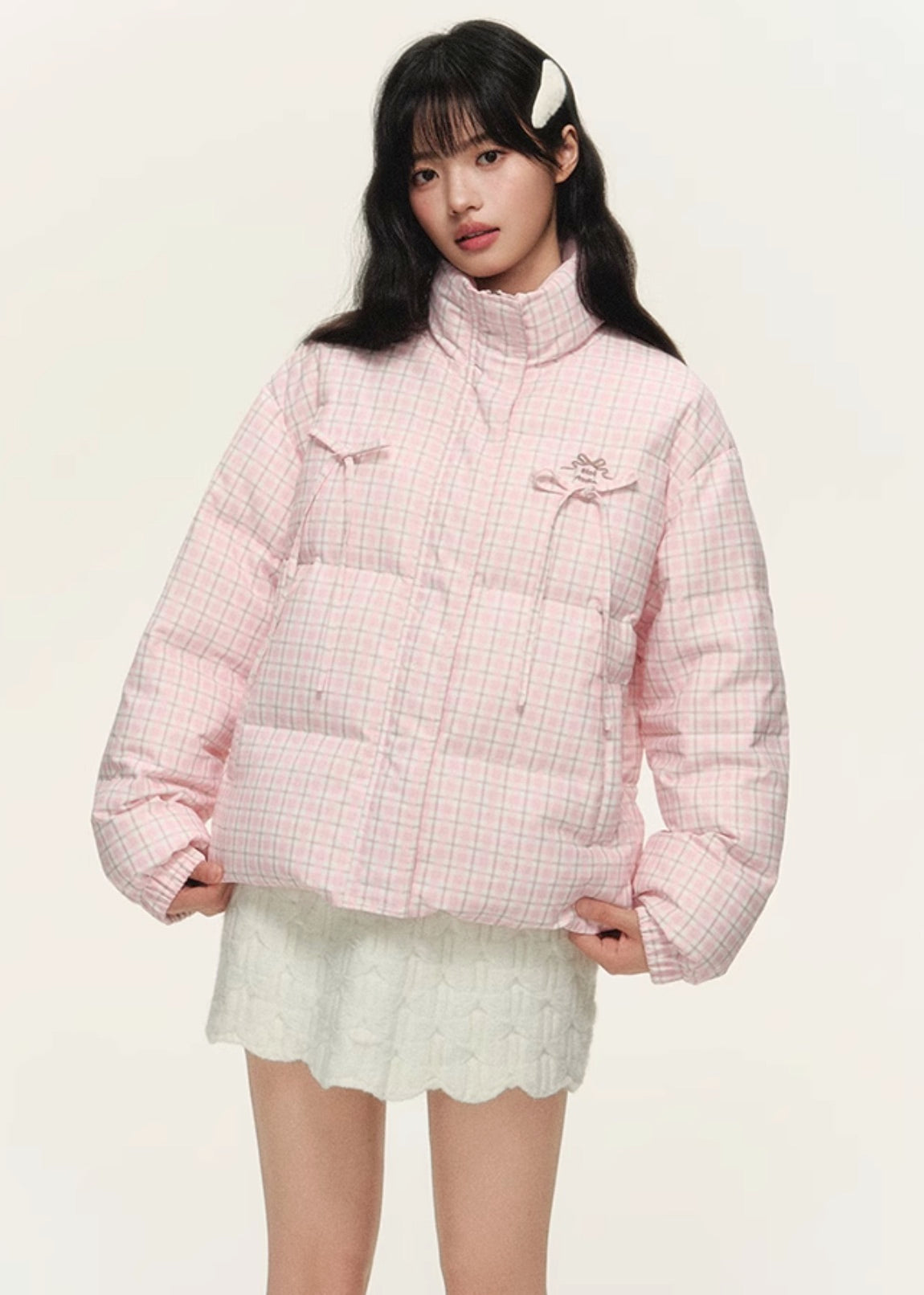 Original plaid print bow loose short bread cotton coat