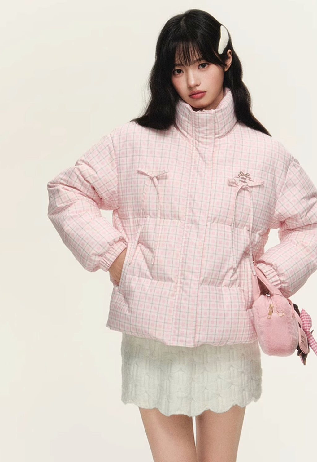 Original plaid print bow loose short bread cotton coat