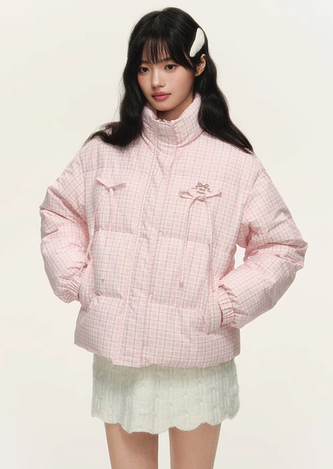 Original plaid print bow loose short bread cotton coat