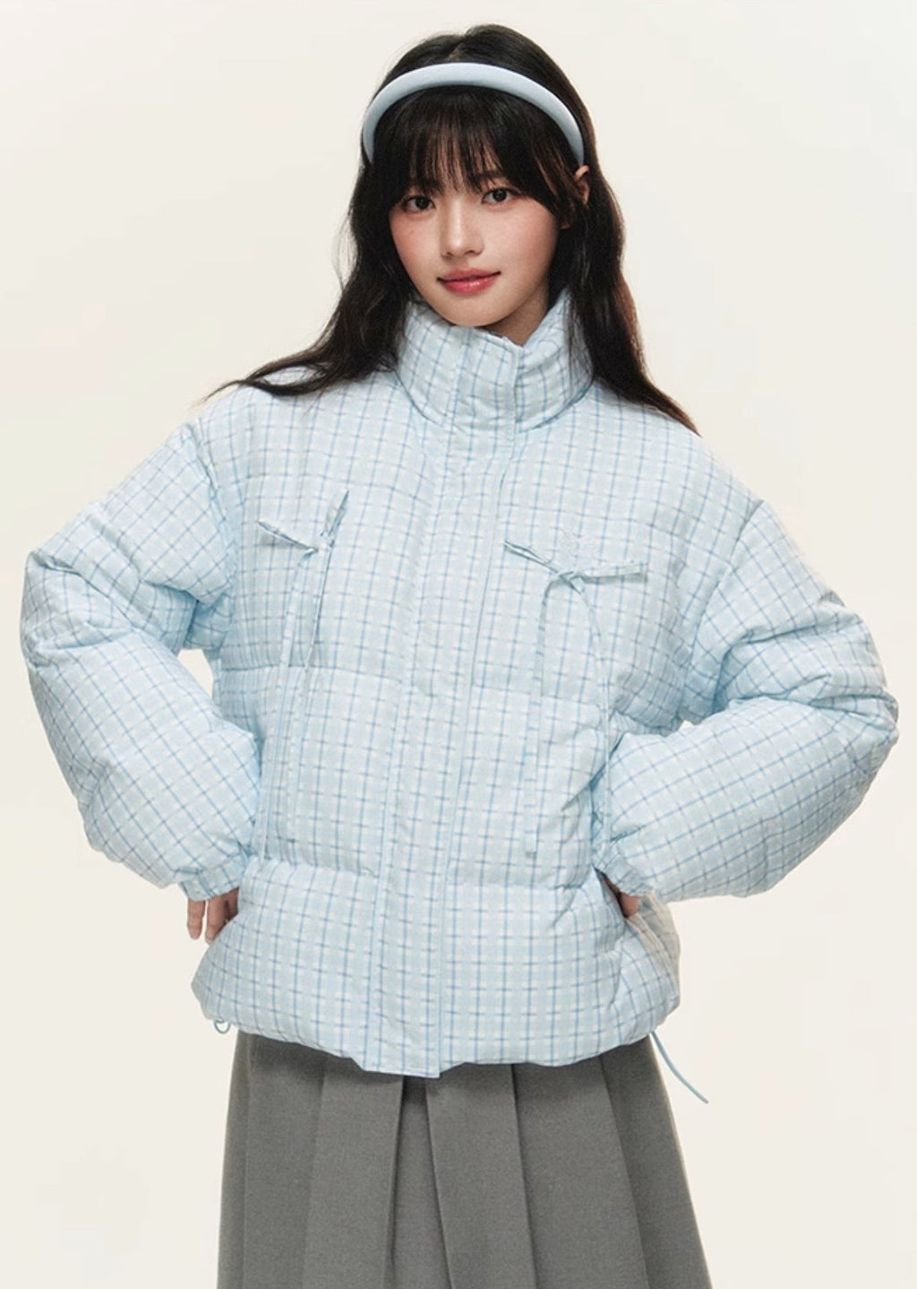 Original plaid print bow loose short bread cotton coat