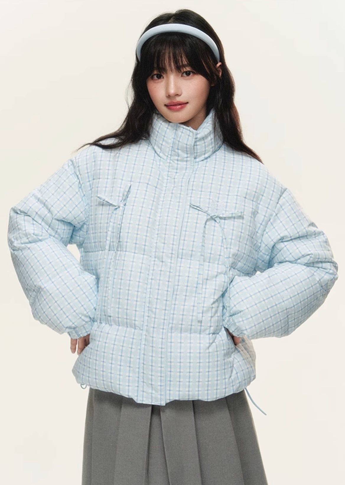 Original plaid print bow loose short bread cotton coat