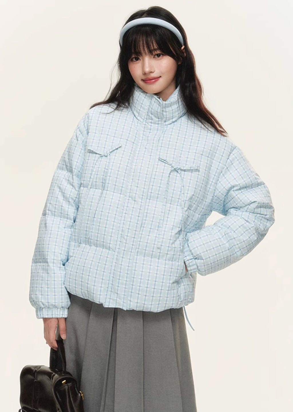 Original plaid print bow loose short bread cotton coat