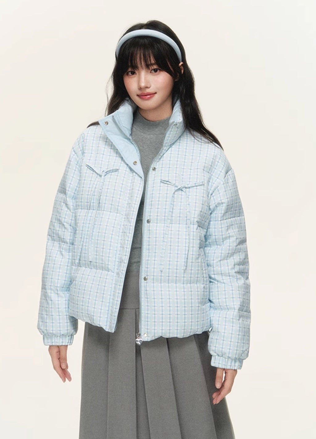 Original plaid print bow loose short bread cotton coat