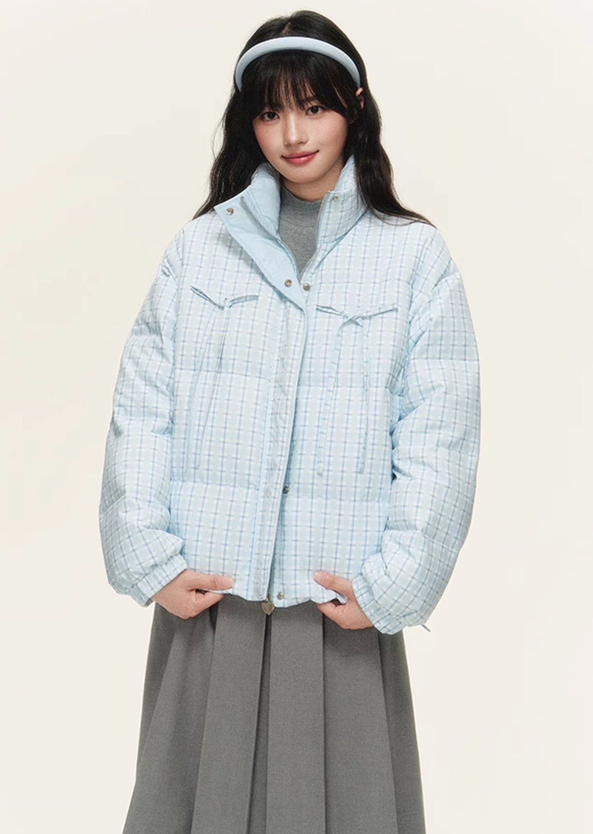 Original plaid print bow loose short bread cotton coat