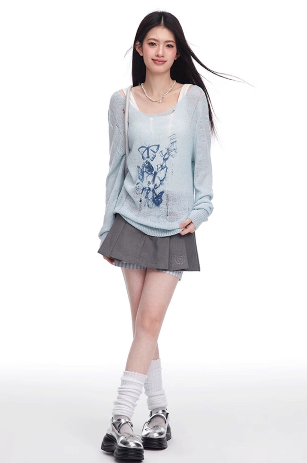 Round Neck Graffiti Butterfly Print T-shirt knit