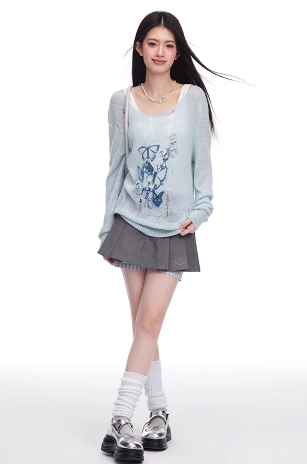 Round Neck Graffiti Butterfly Print T-shirt knit