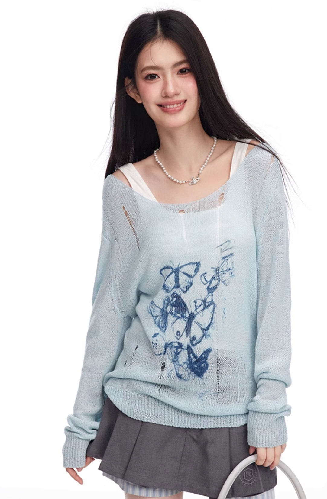 Round Neck Graffiti Butterfly Print T-shirt knit