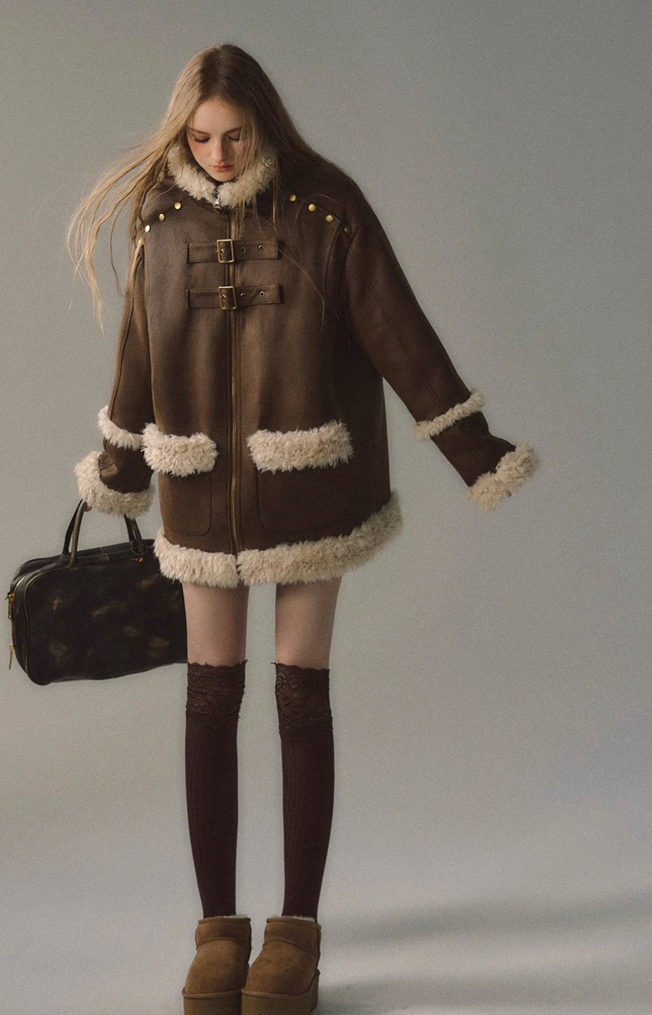 Revisable coat thickened imitation fur plush coat warm suede coat