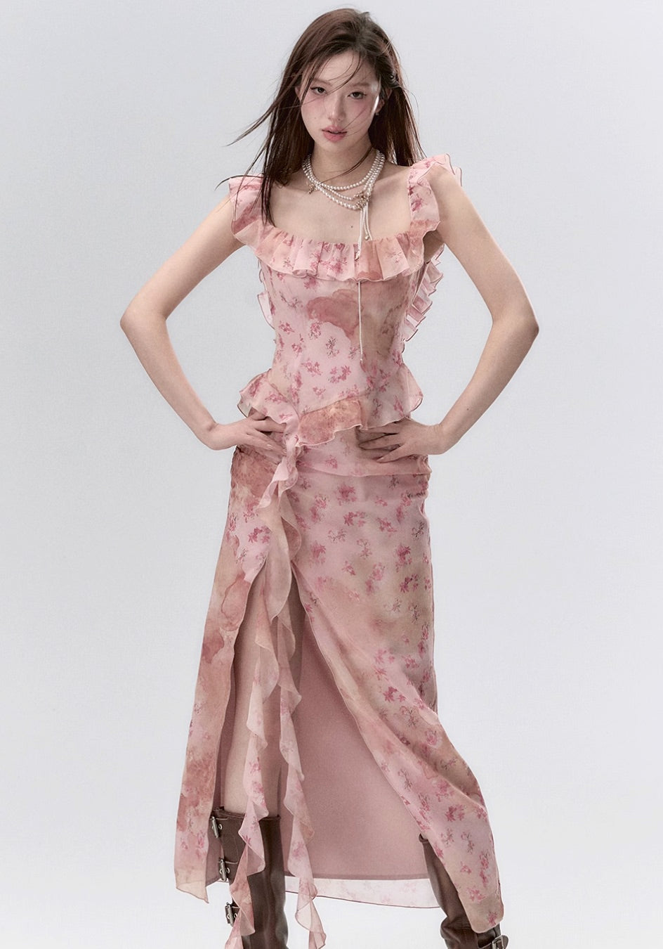 Ear-edge backless waist floral ribbon dress long skirt