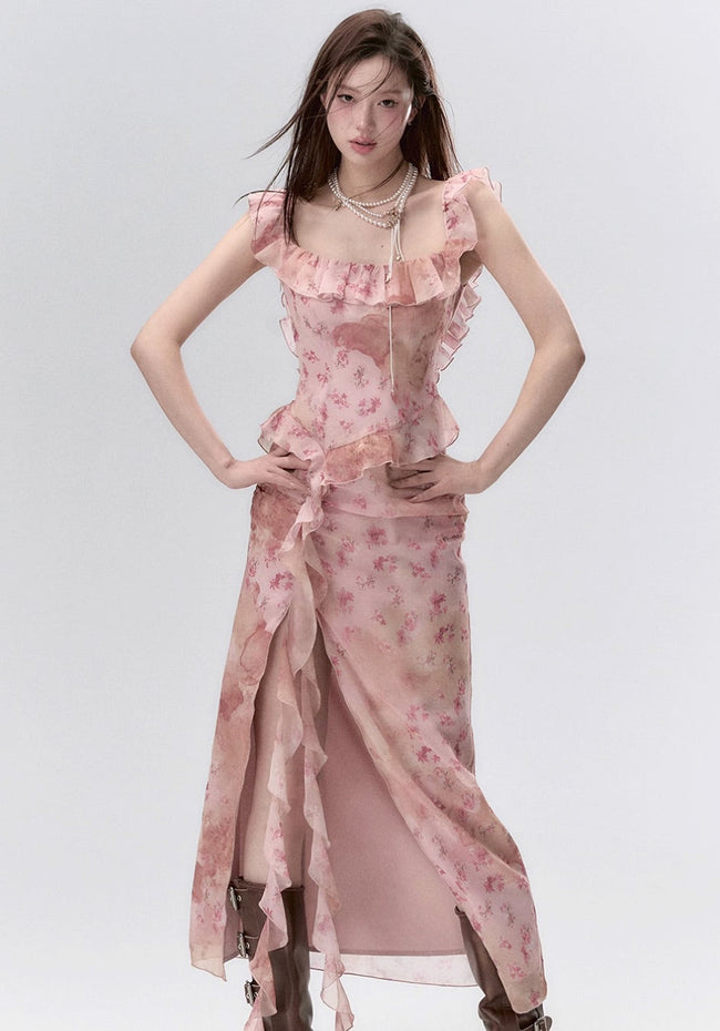 Ear-edge backless waist floral ribbon dress long skirt Hover Image