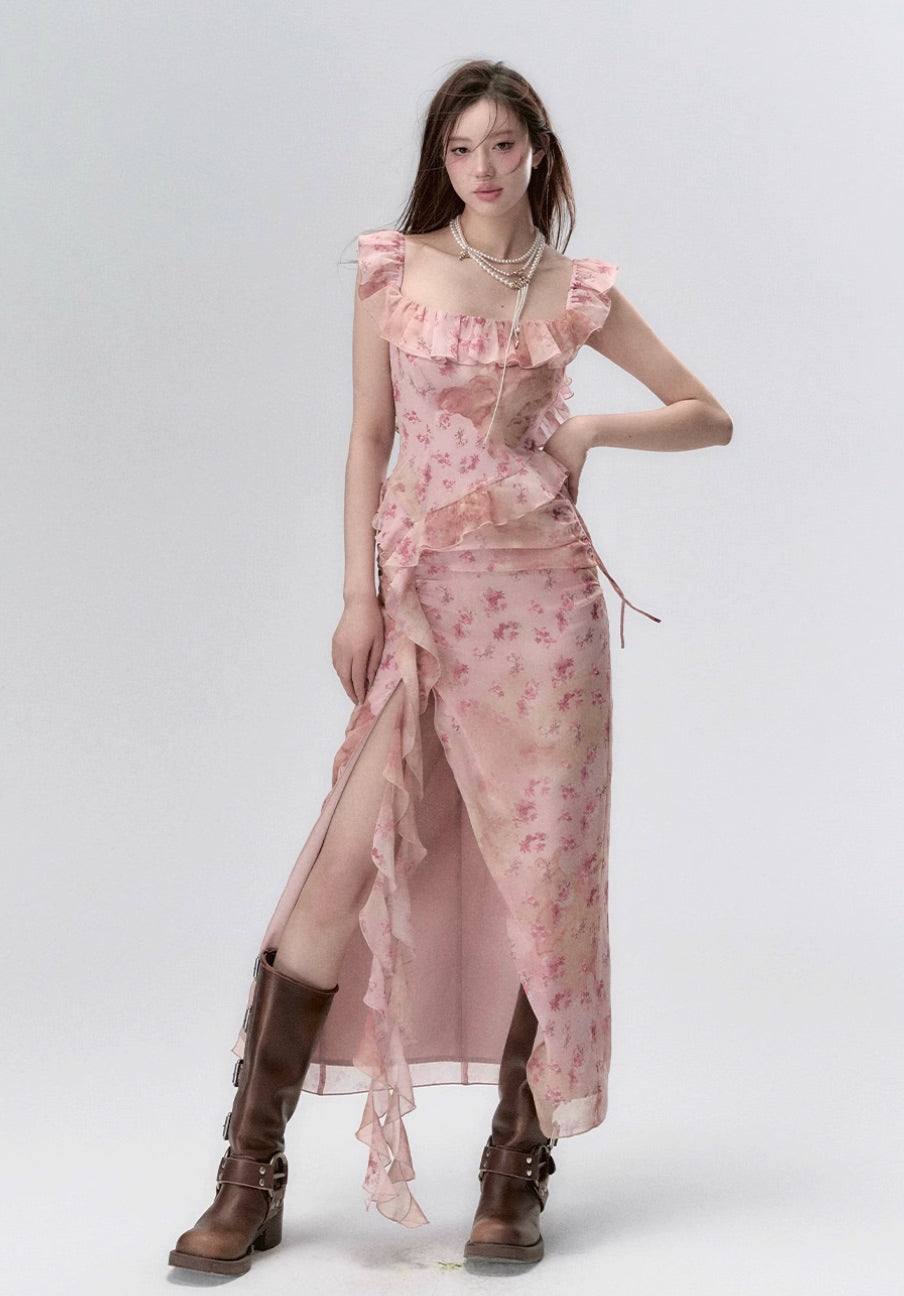 Ear-edge backless waist floral ribbon dress long skirt