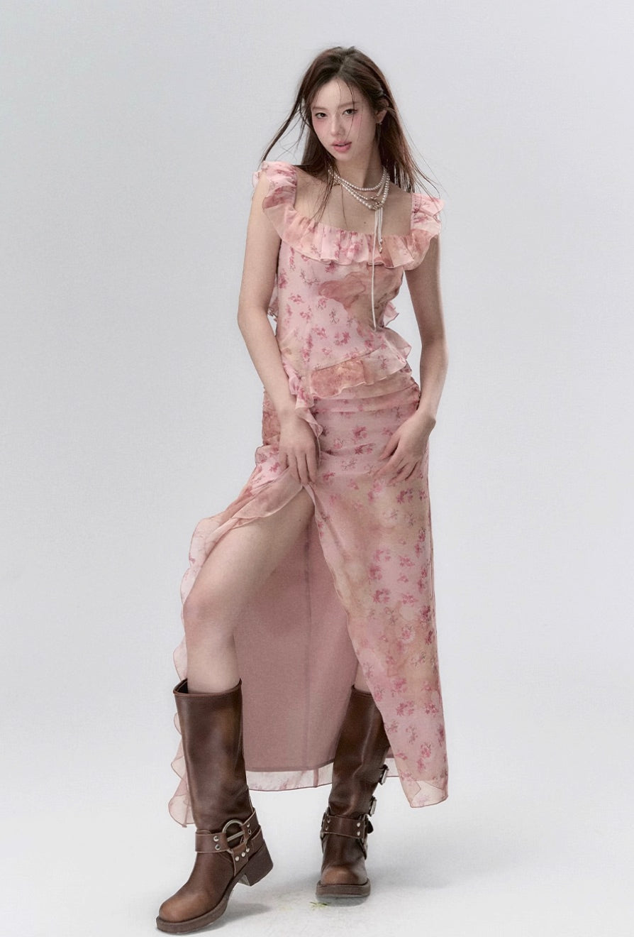 Ear-edge backless waist floral ribbon dress long skirt