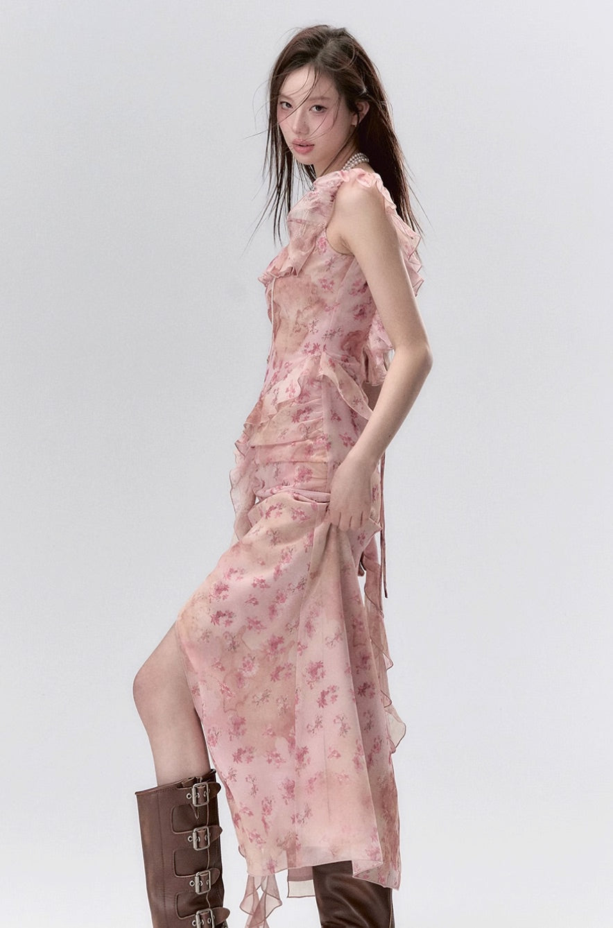 Ear-edge backless waist floral ribbon dress long skirt