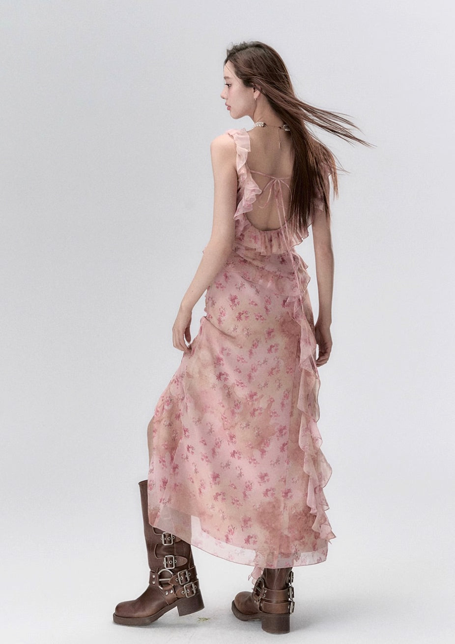 Ear-edge backless waist floral ribbon dress long skirt