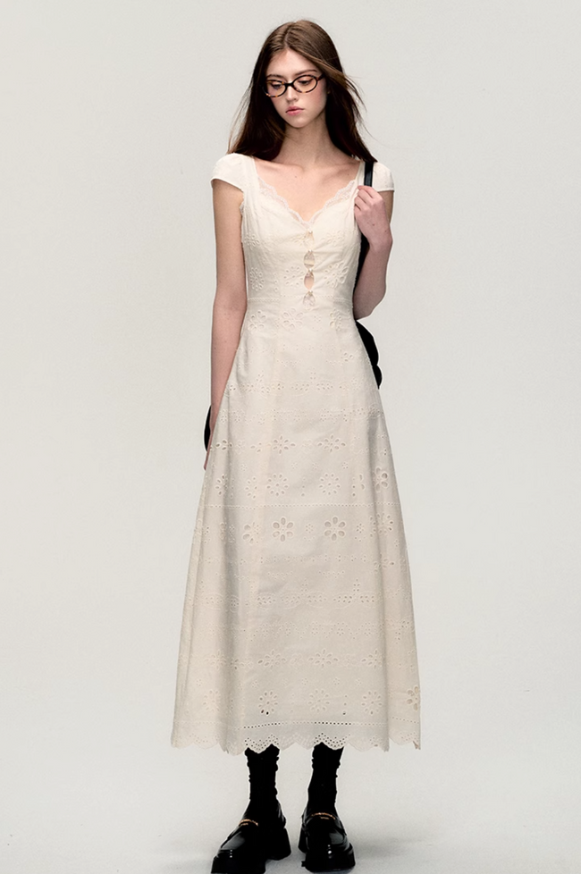 Cream white simple slim lace stitching dress Main Image