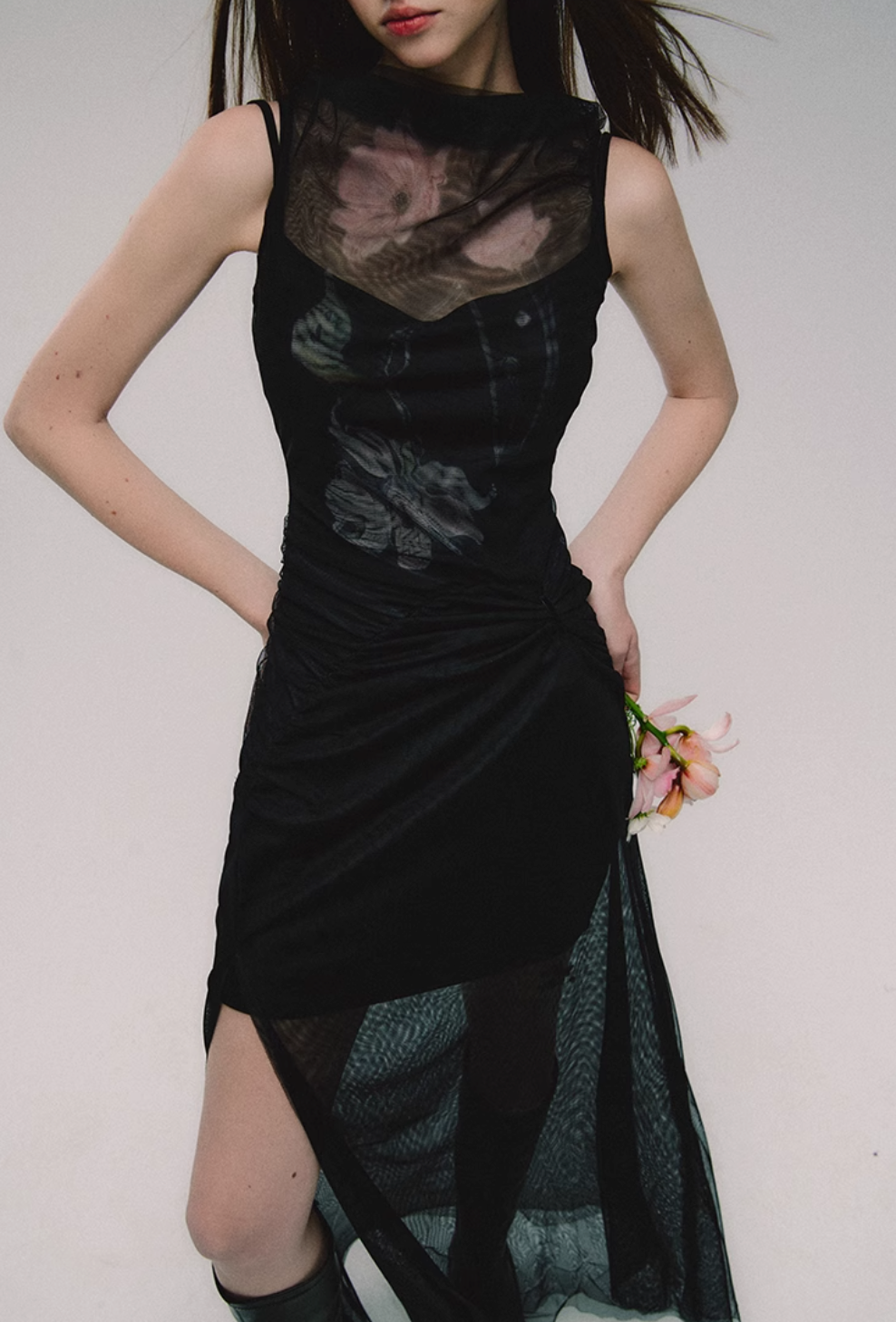 Black Mesh Slim Slit Midi Dress