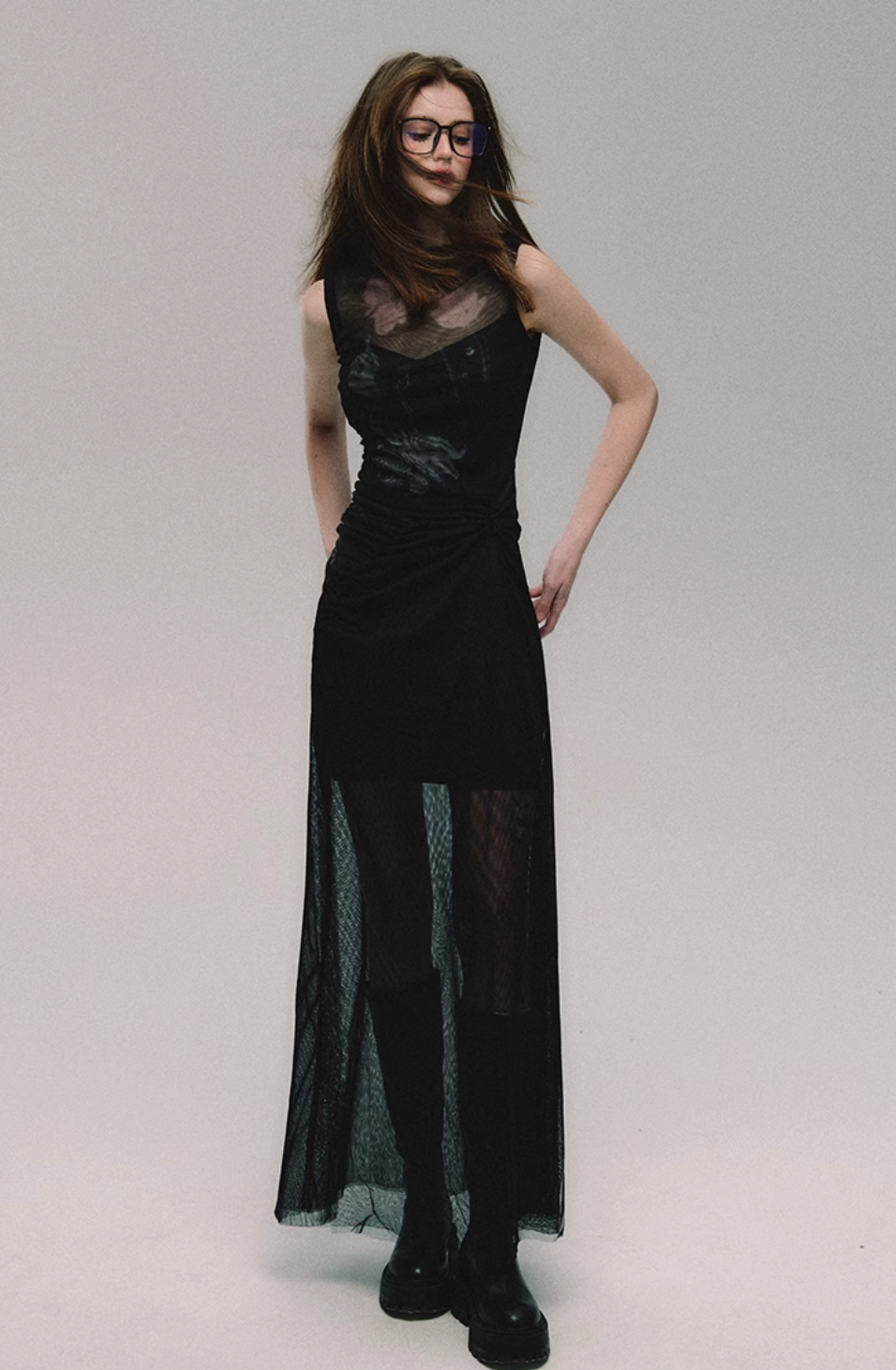 Black Mesh Slim Slit Midi Dress
