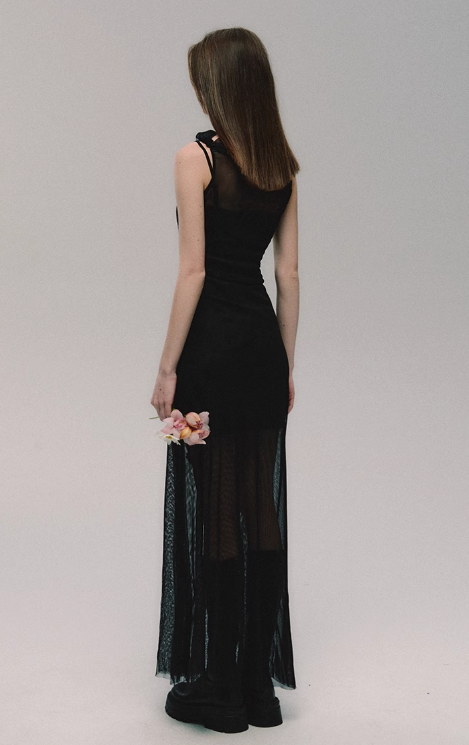 Black Mesh Slim Slit Midi Dress