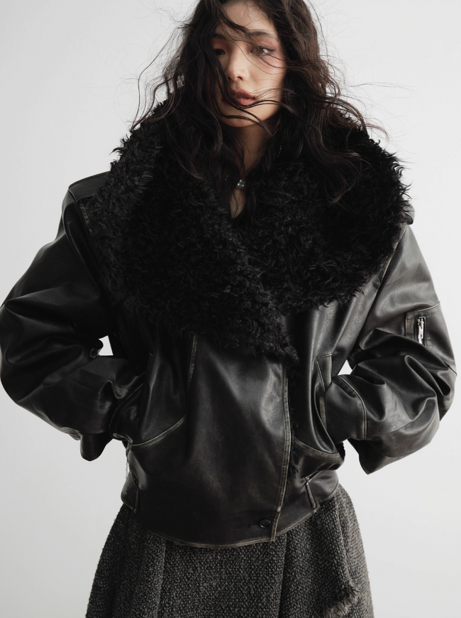 Genderless Wrap PU Leather Jacket with Fur Collar Hover Image