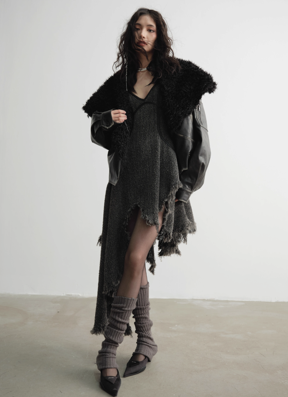 Genderless Wrap PU Leather Jacket with Fur Collar