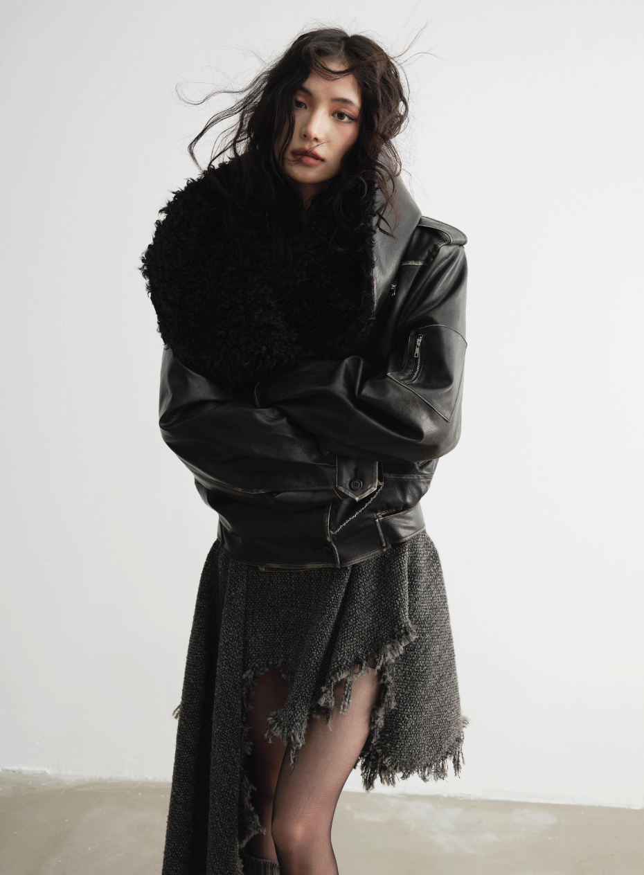 Genderless Wrap PU Leather Jacket with Fur Collar