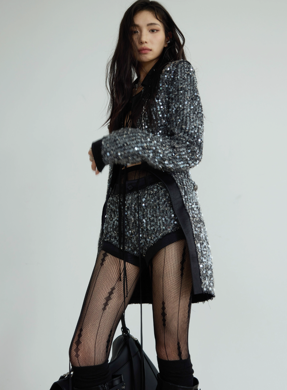Dark Sequin Lace-Up Chanel-Inspired Suit