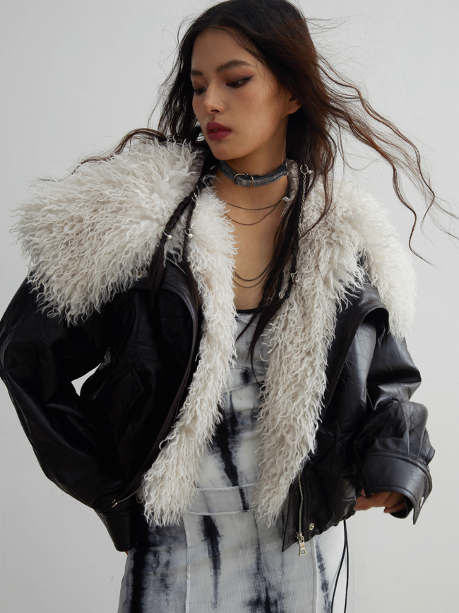 Siberian-Style Faux Leather Fur Collar Jacket Hover Image