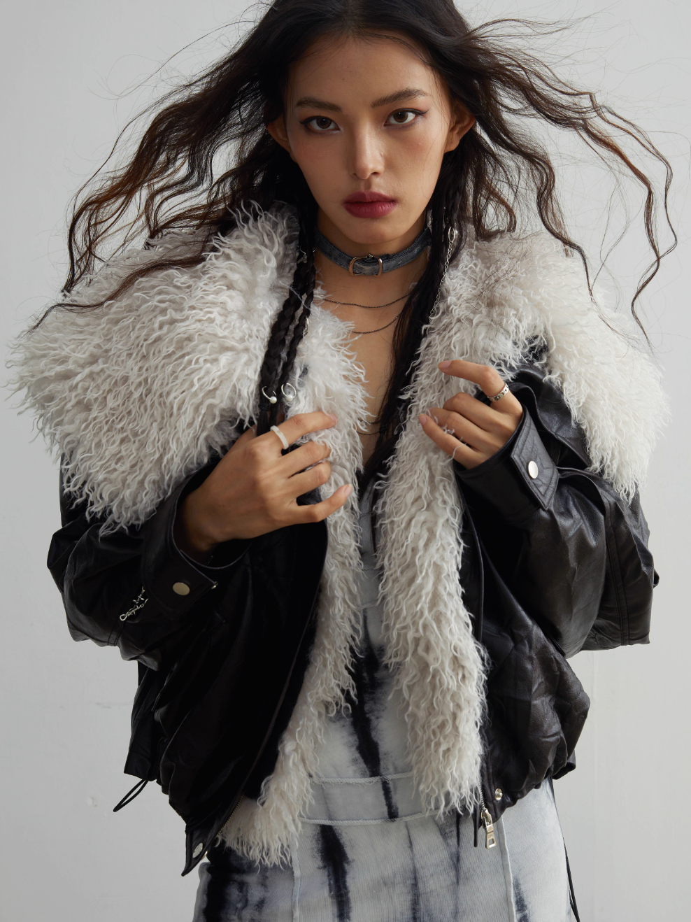 Siberian-Style Faux Leather Fur Collar Jacket