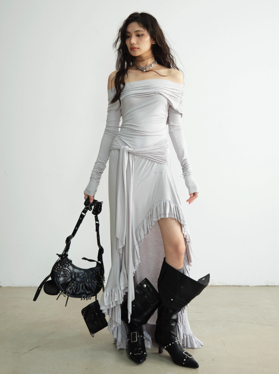 Royal Gray Off-Shoulder Lace Gown