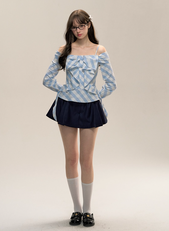 Blue Plaid One-Shoulder Bow Top Main Image