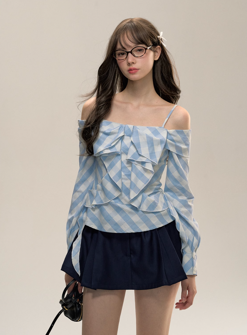 Blue Plaid One-Shoulder Bow Top