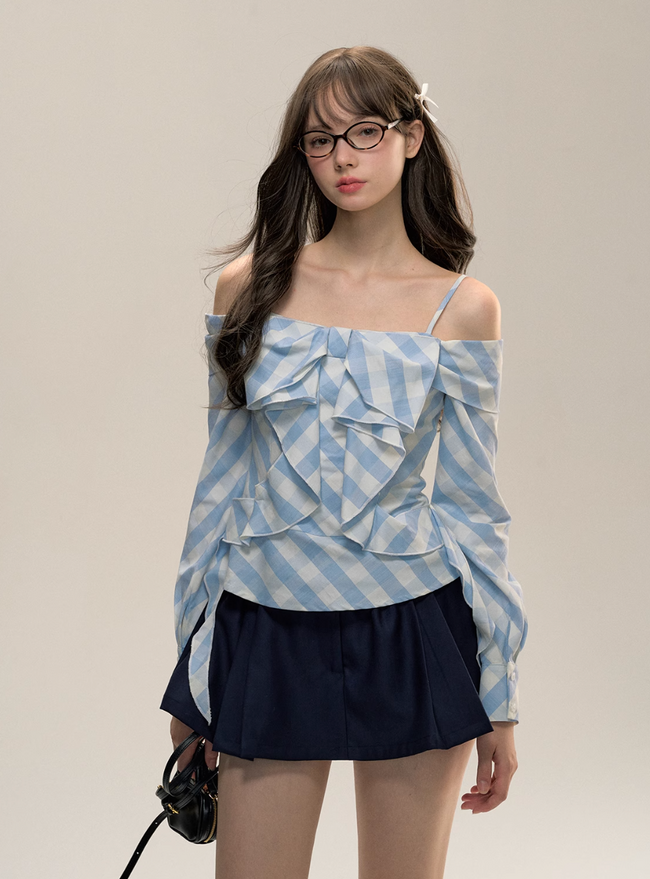 Blue Plaid One-Shoulder Bow Top Hover Image