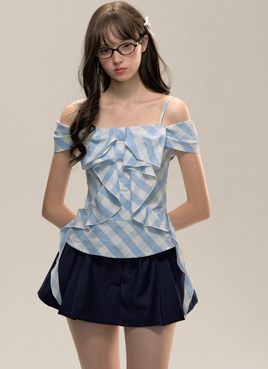 Blue Plaid One-Shoulder Bow Top