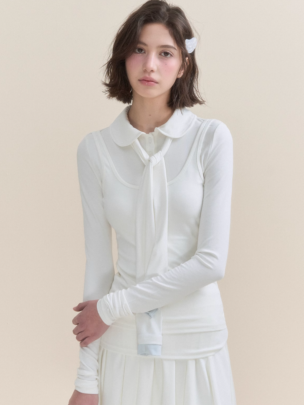 Soft Light Doll Collar Faux Two-Piece Top & Skirt Set