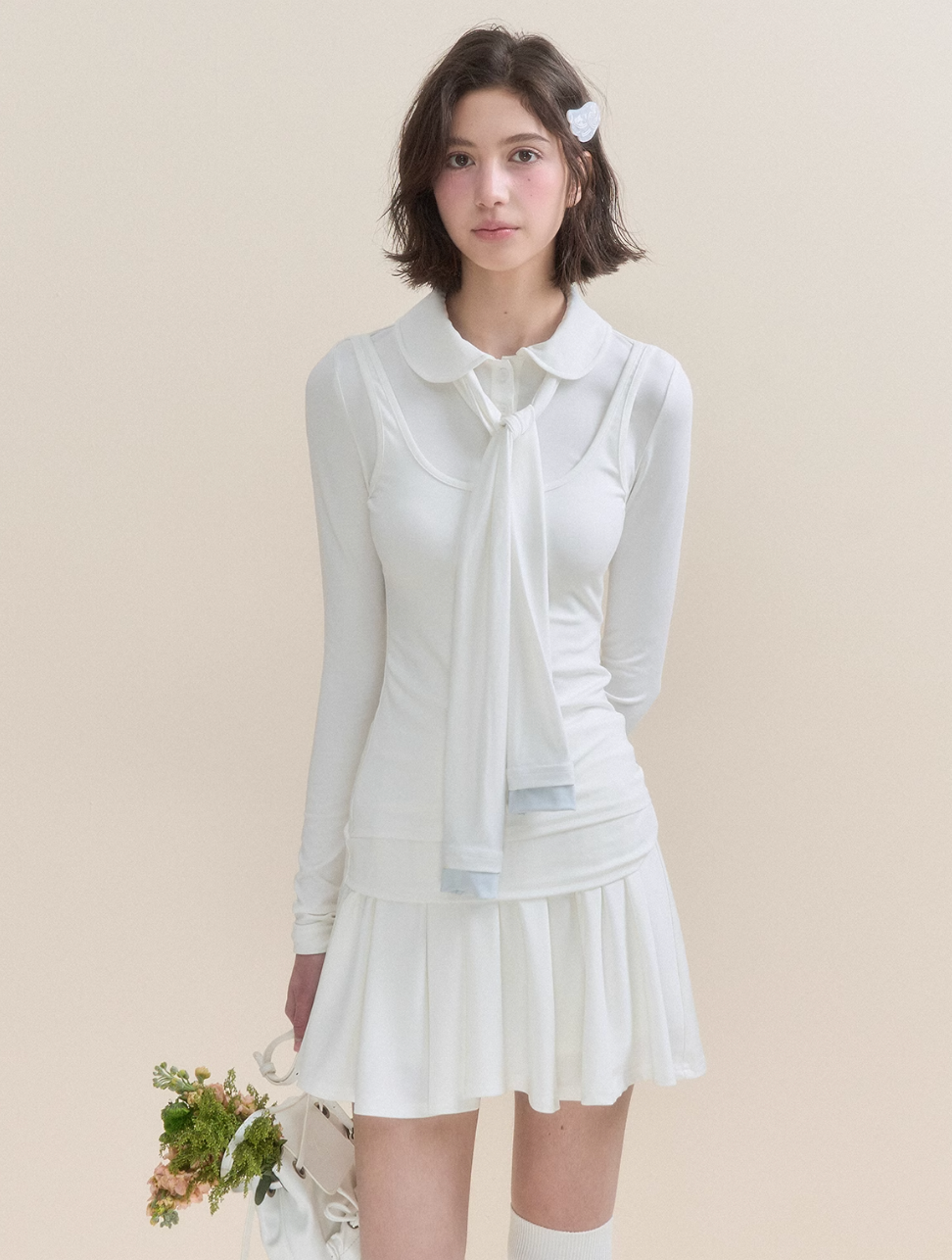 Soft Light Doll Collar Faux Two-Piece Top & Skirt Set